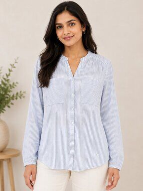 Olsen Blue & White Striped Button-Down Tunic Shirt L Boho Coastal Cottagecore